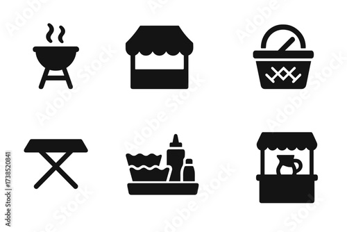 Outdoor Food Icons. Solid, filled icon set of outdoor food displays: BBQ grill, food tent, picnic basket, portable table, paper trays, condiment station, food