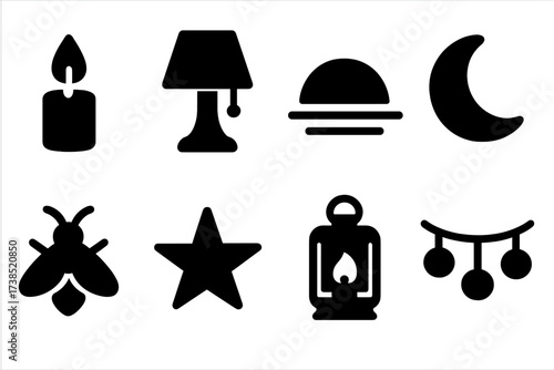 Gentle Light Icons. Solid, filled icon set of gentle light and ambiance: candle flame, soft lamp, twilight, moon, firefly, star, lantern, fairy lights. Solid,