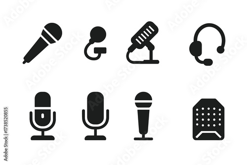 Microphone Icon Grid. Solid, filled icon set of microphone types: handheld mic, lavalier mic, shotgun mic, headset mic, USB mic, condenser mic, dynamic mic,