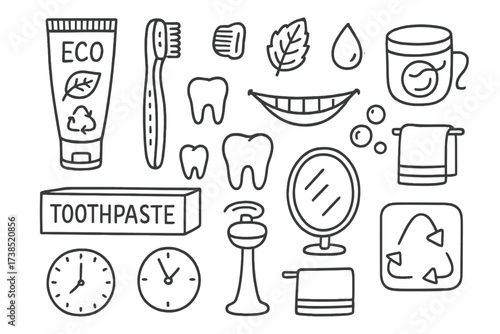 Eco Dental Care Doodles. Hand-drawn doodle illustration eco-friendly dental care toothpaste tube, bamboo toothbrush, toothpaste cap, mint leaf, water droplet,