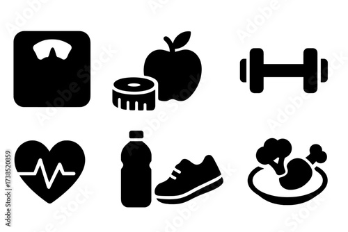 Weight Loss Icons. Solid, filled icon set of weight loss: scale, measuring tape, apple, dumbbell, heart rate, water bottle, running shoe, healthy meal. [Solid,