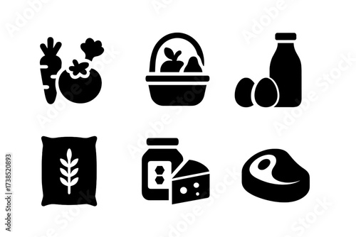 Agricultural Icons Set. Solid, filled icon set of agricultural products: fresh vegetables, fruits basket, eggs, milk bottle, honey jar, grains sack, cheese