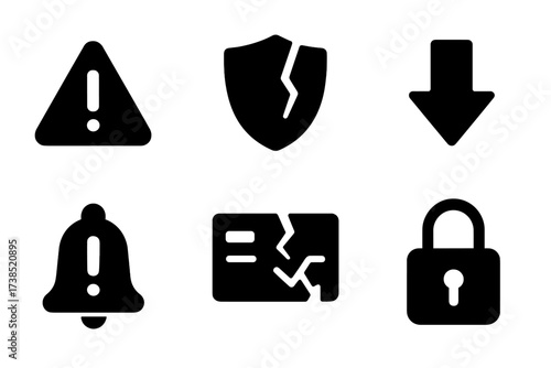 Credit Risk Icons. Solid, filled icon set of credit risk: warning triangle, broken shield, alert bell, downward arrow, exclamation mark, cracked credit card,