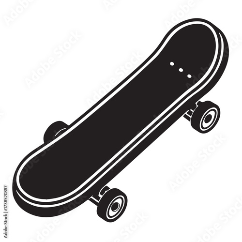 A sleek black and white illustration of a skateboard, isolated on white background, capturing the essence of urban culture, skateboarding, and the thrill of extreme sports
