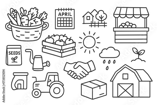 Farm Fresh Doodle. Hand-drawn doodle illustration Seasonal farm produce sharing basket of vegetables, crate of fruits, calendar, farm, market stall, handshake,