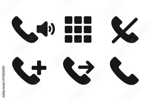 Mobile Actions Icons. Solid, filled icon set of mobile call actions: call dialer, speakerphone, keypad, call mute, call hold, add call, call transfer, end