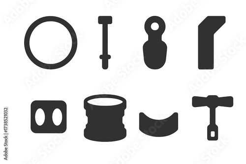 Drum Kit Icon Set. Solid, filled icon set of drumhead mounting: drum hoop, tension rods, lugs, bearing edge, drum shell, muffling pads, rim, drum key. Solid,