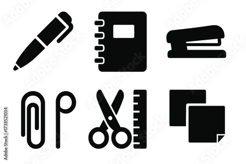 Office Supplies Icons. Solid, filled icon set of office supplies: pen, pencil, notebook, stapler, paperclip, scissors, ruler, sticky notes. [Line icons in only