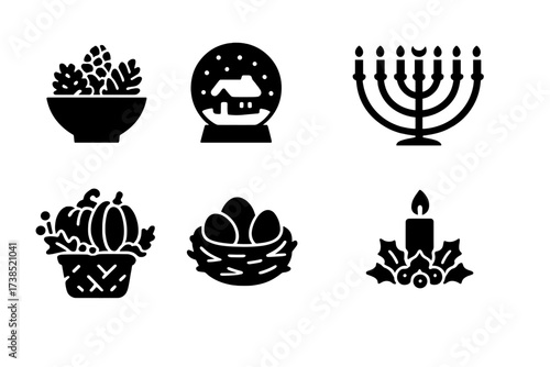 Holiday Centerpiece Icons. Solid, filled icon set of holiday centerpieces: pinecone bowl, snow globe, menorah, pumpkin arrangement, Easter nest, Christmas