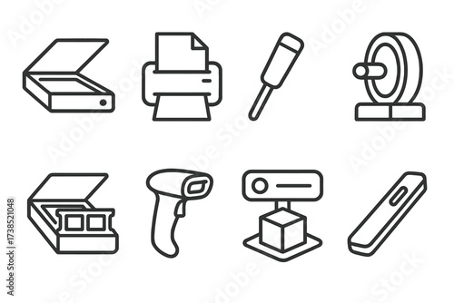 Scanner Icon Set. Outline icon set of scanner types: flatbed scanner, sheetfed scanner, handheld scanner, drum scanner, film scanner, barcode scanner, 3D