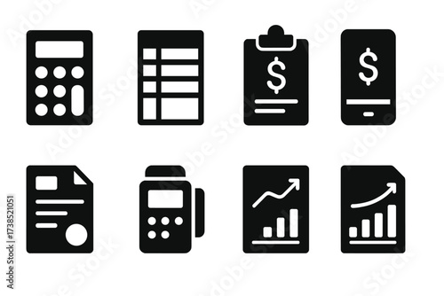 Unpaid Financial Tools Icons. Solid, filled icon set of unpaid financial tools: calculator, spreadsheet, budget planner, financial app, invoice template,