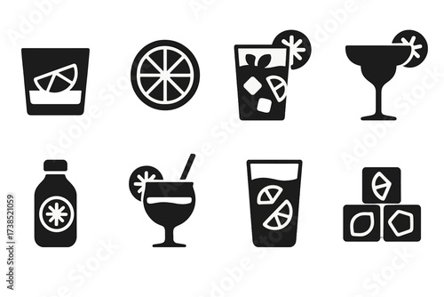 Lime Drink Icons. Solid, filled icon set of lime in drinks: lime wedge in glass, lime slice garnish, mojito with lime, margarita glass with lime, lime juice