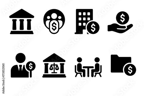 Financial Institutions Icons. Solid, filled icon set of creditor institutions: bank, credit union, finance company, lending agency, debt collector, court,