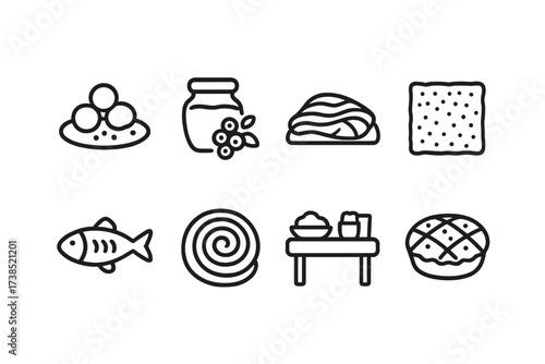 Nordic Icons Collection. Outline icon set of Swedish food: meatballs, lingonberry jam, gravlax, crispbread, herring, cinnamon bun, smorgasbord, blueberry pie.