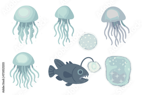 Glowing Jellyfish Icons. Isometric vector illustration set Eco school composting: compost bin, chalkboard diagram, student holding