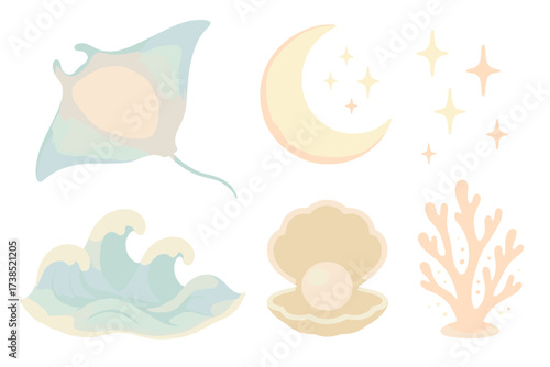 Mythical Manta Dreamscape. Isometric vector illustration set Mythical manta art: glowing manta ray, crescent moon, sparkling stars