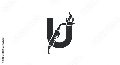 Creative initial letter U logo design with welding torch and fire elements illustration