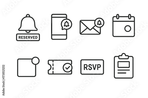 Reservation Notification Icons. Outline icon set of reservation notifications: bell with reserved sign, mobile alert, reservation email, calendar reminder,