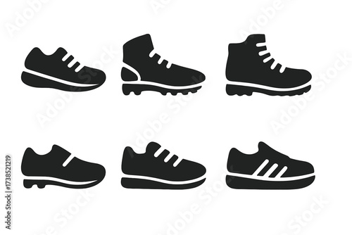 Sports Shoes Icons. Solid, filled icon set of sports shoes: running shoes, basketball shoes, soccer cleats, hiking boots, cycling shoes, tennis shoes, skate