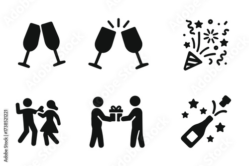 Champagne Celebration Icons. Solid, filled icon set of champagne celebration scenes: toast, clinking glasses, fireworks, confetti, dancing couple, gift