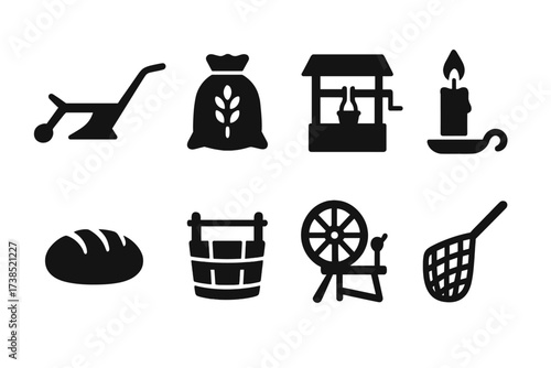 Medieval Life Icons. Solid, filled icon set of medieval daily life: plow, grain sack, well, candle, loaf of bread, wooden bucket, spinning wheel, fishing net.