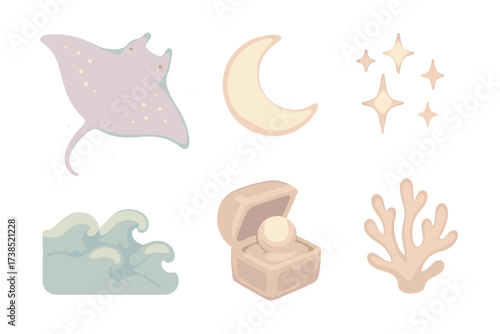 Mythical Manta Dreamscape. Isometric vector illustration set Mythical manta art: glowing manta ray, crescent moon, sparkling stars