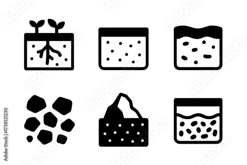 Soil Layer Icons. Solid, filled icon set of soil layers: topsoil, subsoil, parent material, bedrock, roots, humus, gravel, water table. [Line icons in only