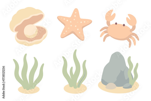 Ocean Floor Treasures. Isometric vector illustration set Mythical manta art: glowing manta ray, crescent moon, sparkling stars,