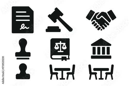 Legal Icons Grid. Solid, filled icon set of legal compromise: contract, gavel, scales of justice, handshake, document stamp, legal book, courthouse,