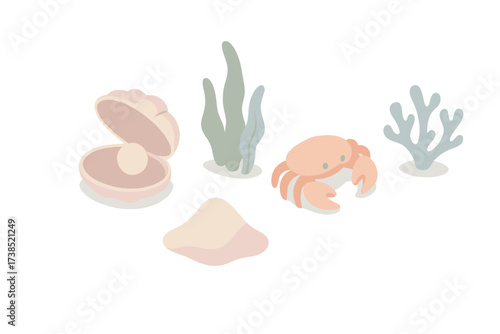 Undersea Treasure Discovery. Isometric vector illustration set Hidden ocean treasure: clam shell closed, faint pearl glow, seaweed