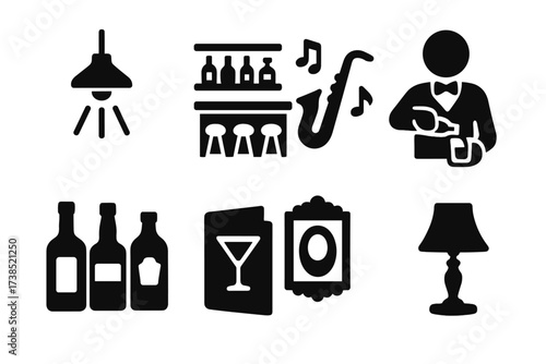 Negroni Bar Icons. Solid, filled icon set of negroni bar atmosphere: dim lighting, wooden bar, leather stools, jazz music, bartender pouring, whiskey bottles,