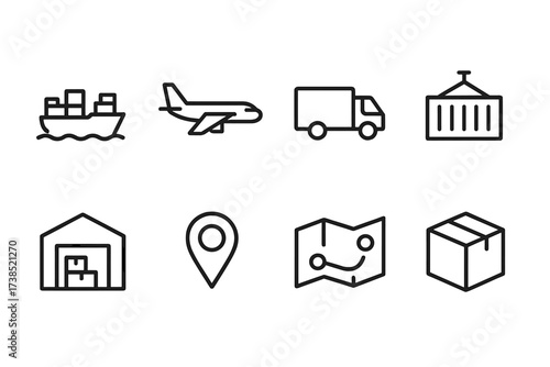 Global Logistics Icons. Outline icon set of global logistics: cargo ship, airplane, delivery truck, container, warehouse, GPS pin, route map, package. [Line