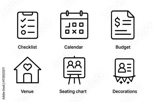 Wedding Planning Icons. Outline icon set of proposal planning: checklist, calendar, budget, venue, wedding planner, seating chart, guest list, decorations.