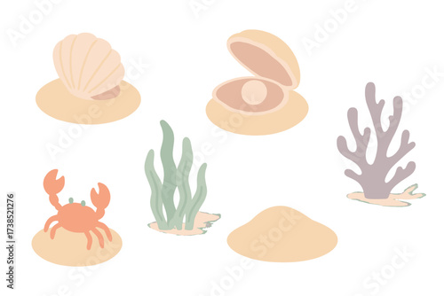 Undersea Treasure Discovery. Isometric vector illustration set Hidden ocean treasure: clam shell closed, faint pearl glow, seaweed