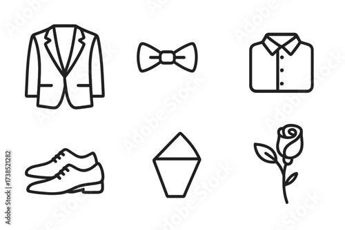 Black Tie Icon Set. Outline icon set of black tie formal wear: tuxedo jacket, bow tie, dress shirt, cufflinks, dress shoes, pocket square, tuxedo pants,