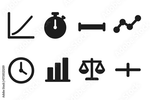 Scientific Symbols Grid. Solid, filled icon set of scientific intervals: graph, stopwatch, timeline, data points, clock, chart, scale, interval mark. [Line