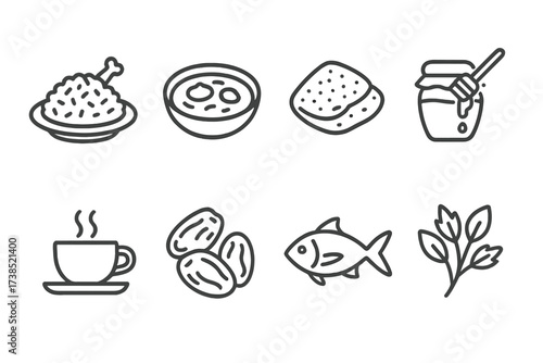 Yemeni Cuisine Icons. Outline icon set of Yemeni cuisine: Mandi rice, Saltah stew, Flatbread (Lahoh), Honey, Coffee cup, Dates, Samak (fish), Fresh herbs. Line