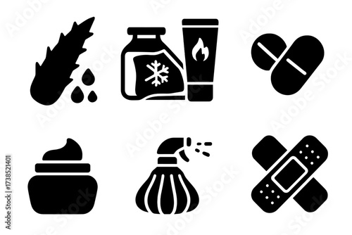 Sunburn Treatment Icons. Solid, filled icon set of sunburn treatment: aloe vera, cold compress, lotion tube, pain relief pill, moisturizer, ice pack, hydrating