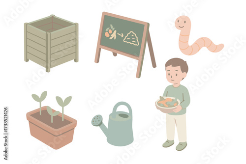 Eco School Composting Icons. Isometric vector illustration set Eco school composting: compost bin, chalkboard diagram, student