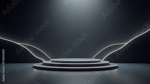 A futuristic, minimalist stage setup with circular platforms illuminated by ambient light, set against a dark backdrop.