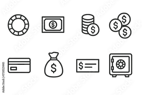 Casino Icons Collection. Outline icon set of casino tokens and money: poker chips, dollar bills, coin stack, jackpot coins, credit card, cash bag, check, safe.