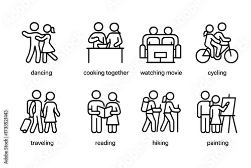 Couple Activities Icons. Outline icon set of couple activities: dancing, cooking together, watching movie, cycling, traveling, reading, hiking, painting. Line