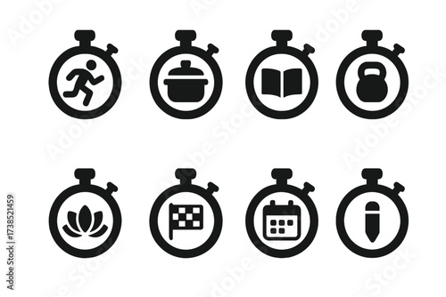 Stopwatch Icon Set. Solid, filled icon set of stopwatch uses: sports timing, cooking timer, study timer, workout interval, meditation timer, race timing, event