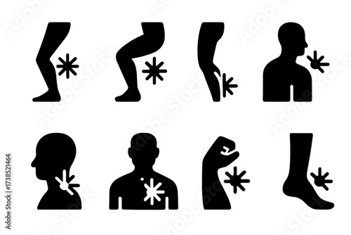 Cool Down Icon Set. Solid, filled icon set of cool down body parts: hamstring, calf, quadriceps, shoulder, neck, back, wrist, ankle. [Line icons in only black