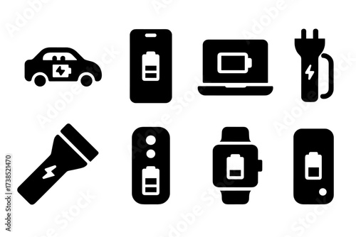 Power Cell Icons. Solid, filled icon set of power cell usage: electric car battery, smartphone battery, laptop battery, backup power, flashlight, remote