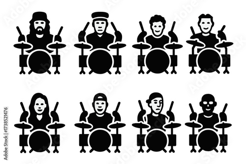 Iconic Drummers Grid. Solid, filled icon set of fill famous drummers: John Bonham, Neil Peart, Buddy Rich, Dave Weckl, Sheila E., Carter Beauford, Travis