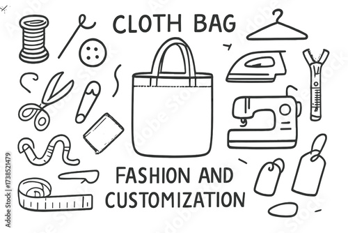 Fashion DIY Icons. Hand-drawn doodle illustration Cloth bag fashion and customization tote bag, fabric pattern, stitching needle, thread spool, button,