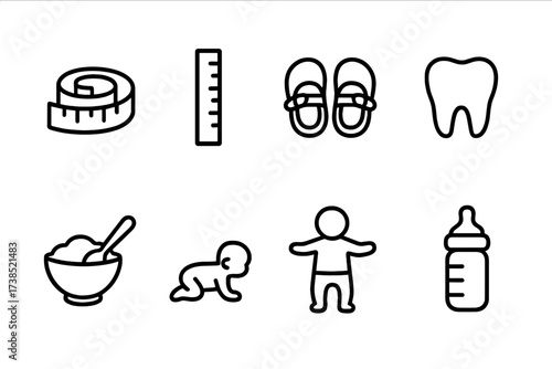 Baby Growth Icon Set. Outline icon set of baby growth: measuring tape, height chart, baby shoes, first tooth, baby food, crawling baby, first steps, baby