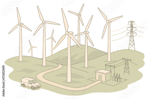 Pastel Wind Farm Icons. Isometric vector illustration set Wind farm: multiple turbines, service road, substation box, transmission