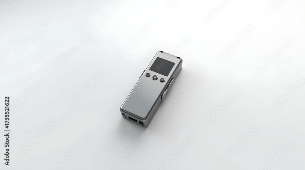 Fototapeta premium A sleek, modern silver voice recorder resting on a clean, white surface, highlighting its design and functionality.